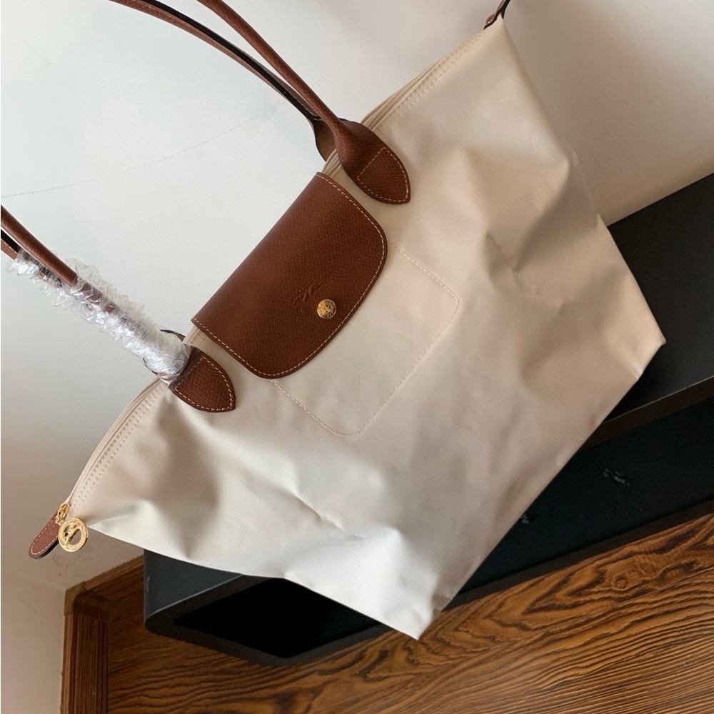 Longchamp White and Brown Tote Bag